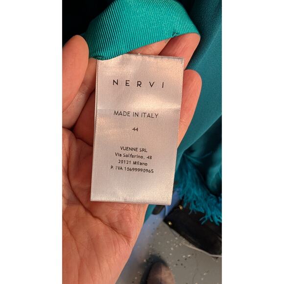 NWT Nervi Pami Teal Mini Dress with Sequin & Ostrich Feather Cuffs - Picture 5 of 10